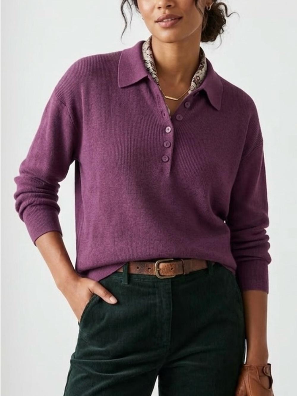 VTG Eddie Bauer 100% Cotton Polo Sweater L Made in UK Purple Grandpacore Luxe